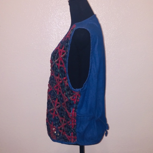 Red / blue Denim and plaid woven gate net denim vest - Picture 7 of 7